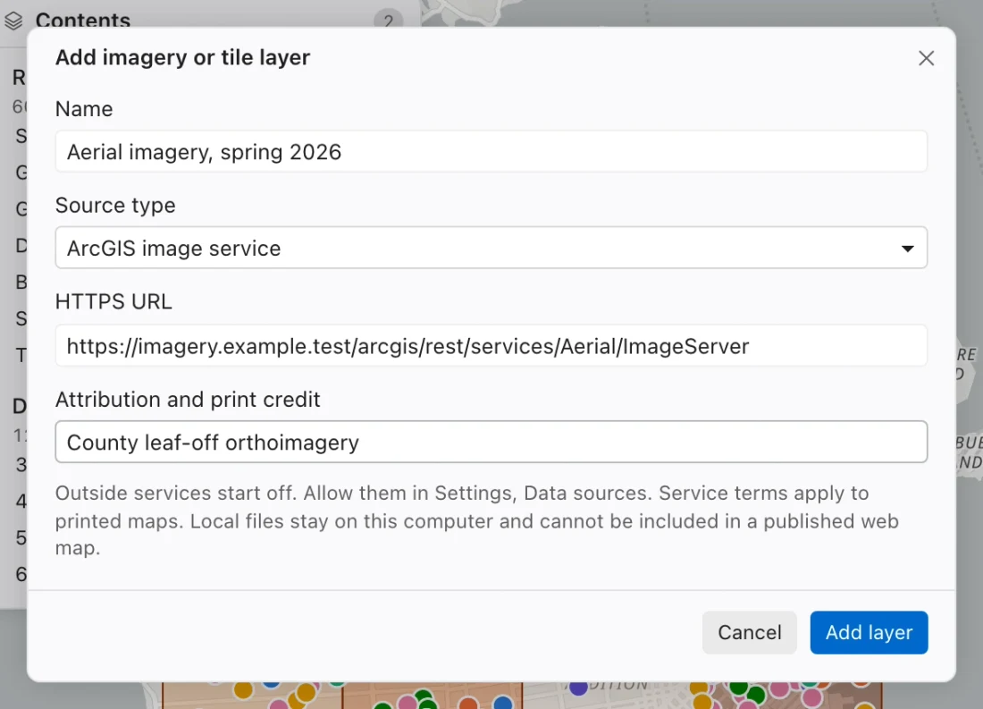 Add imagery or tile layer dialog configured with a sample ArcGIS image service URL, a layer name, and print credit.