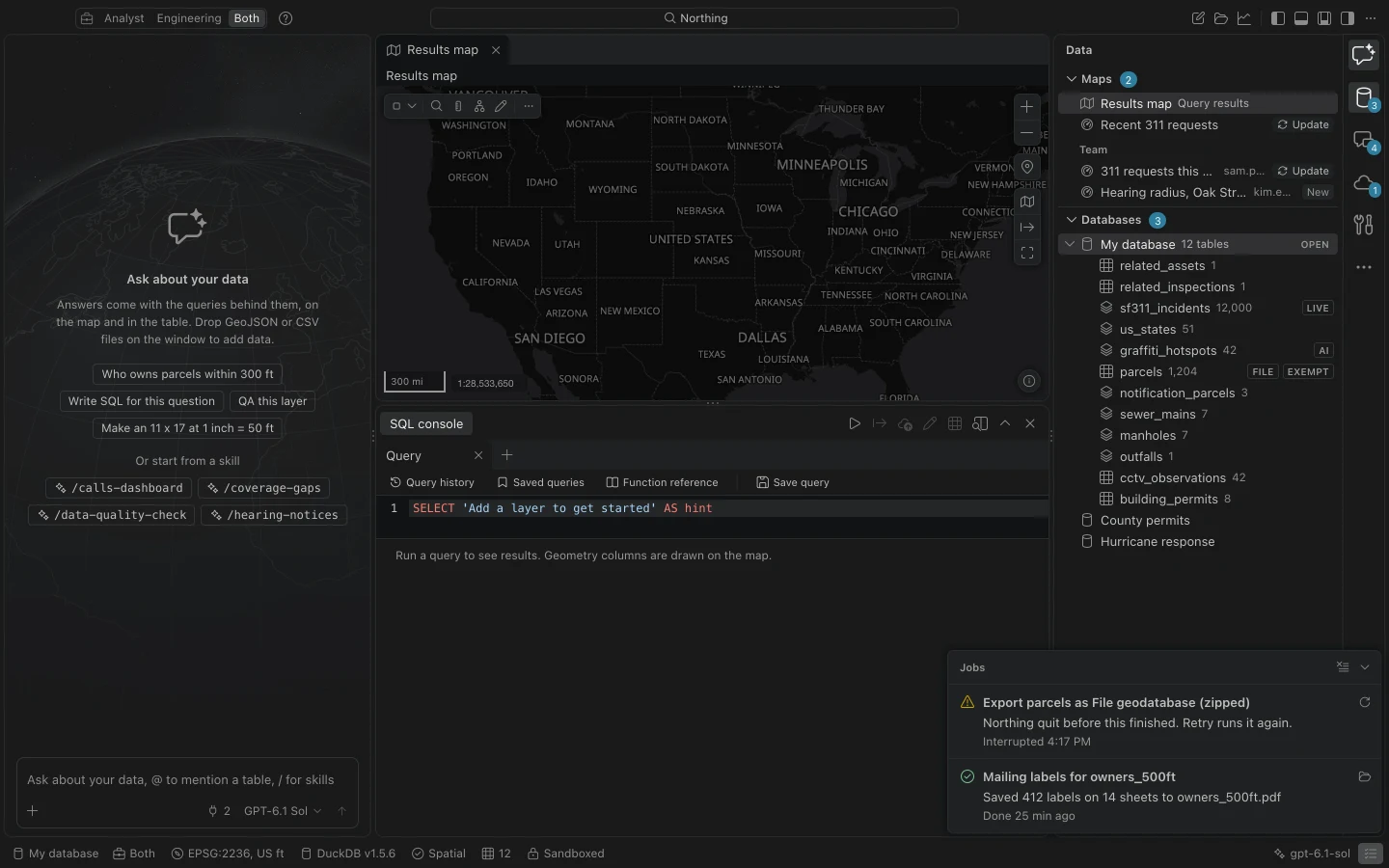 Jobs panel with recent operations, completed and interrupted statuses, and available retry controls.