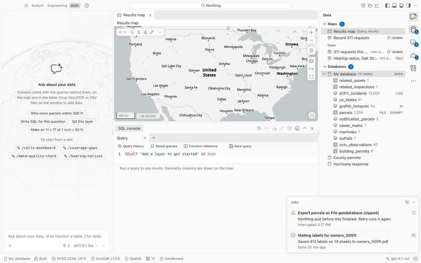 Jobs panel with recent operations, completed and interrupted statuses, and available retry controls.