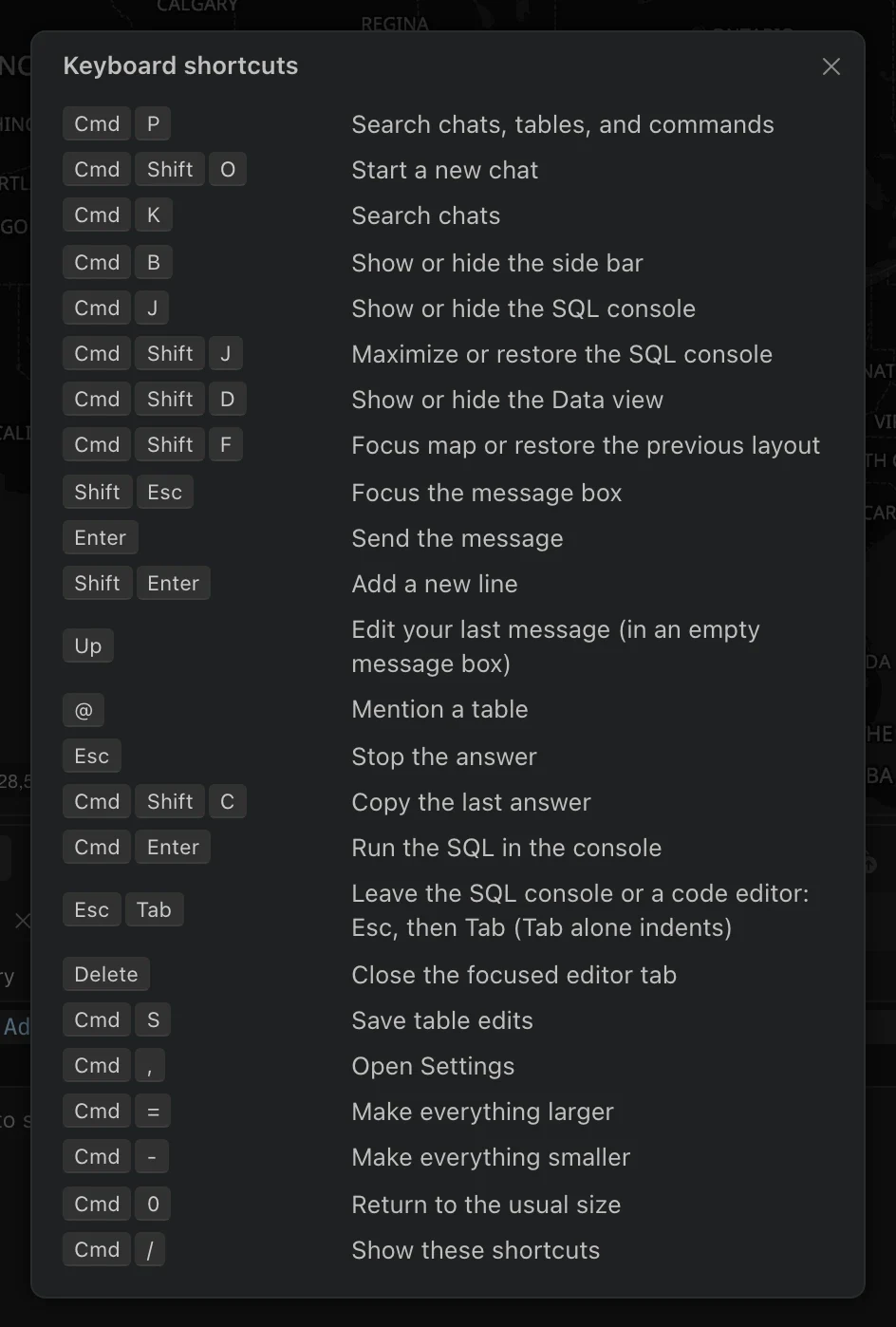Northing keyboard shortcuts dialog listing application and assistant shortcuts.