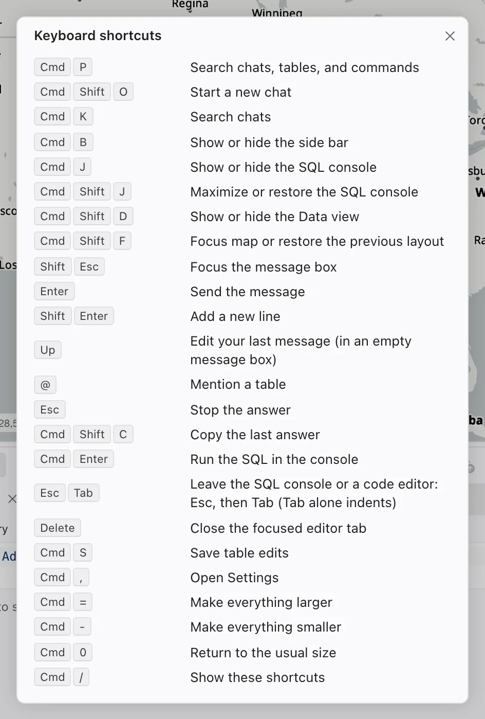 Northing keyboard shortcuts dialog listing application and assistant shortcuts.