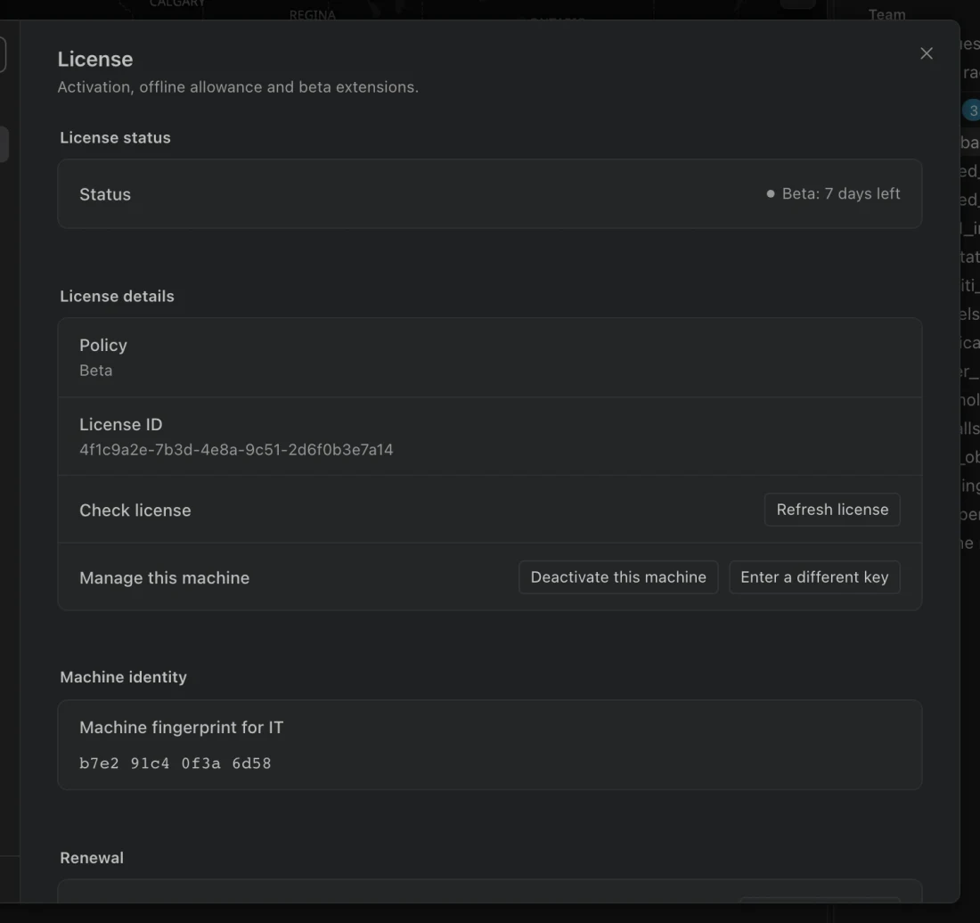 License settings showing beta status, days remaining, license details, refresh, and extension controls.