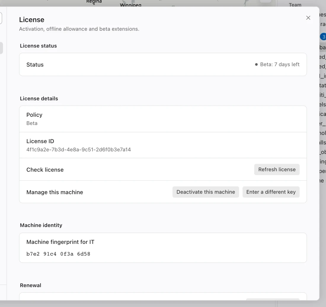 License settings showing beta status, days remaining, license details, refresh, and extension controls.