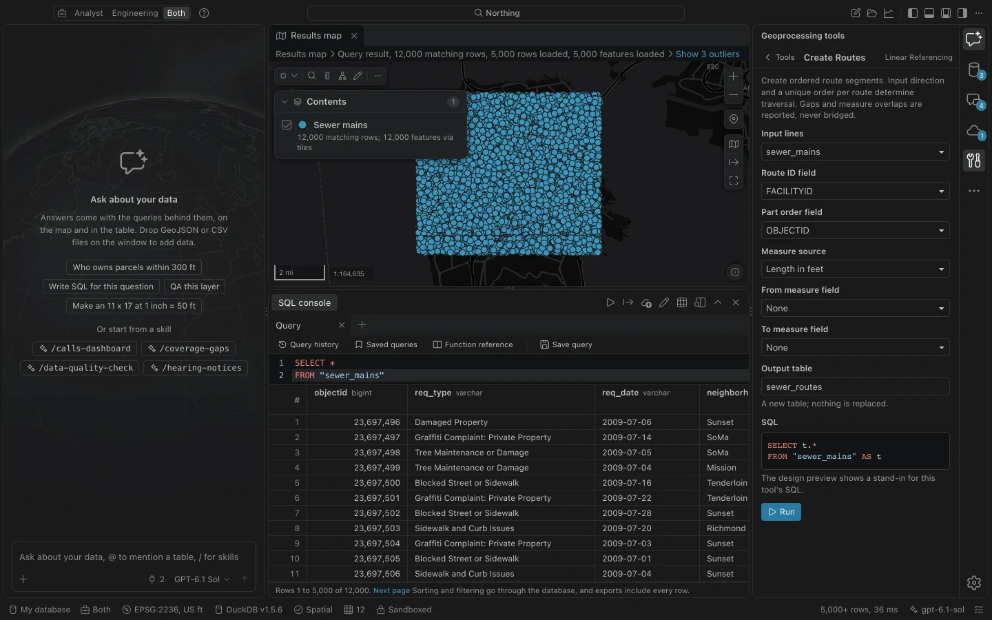 Create Routes tool with sewer_mains input, FACILITYID route IDs, OBJECTID part order, and Length in feet as the measure source.