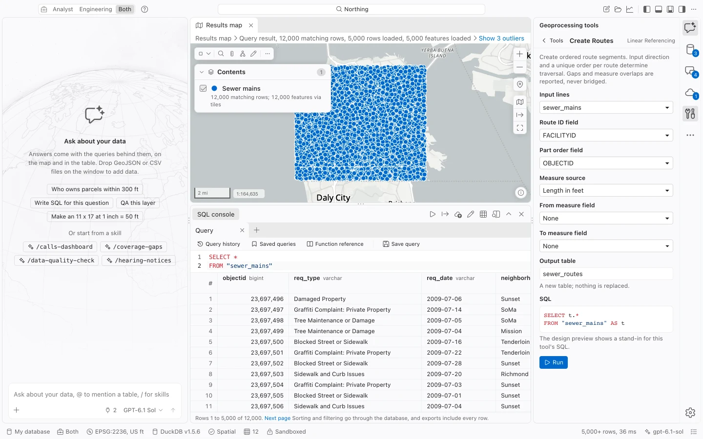 Create Routes tool with sewer_mains input, FACILITYID route IDs, OBJECTID part order, and Length in feet as the measure source.