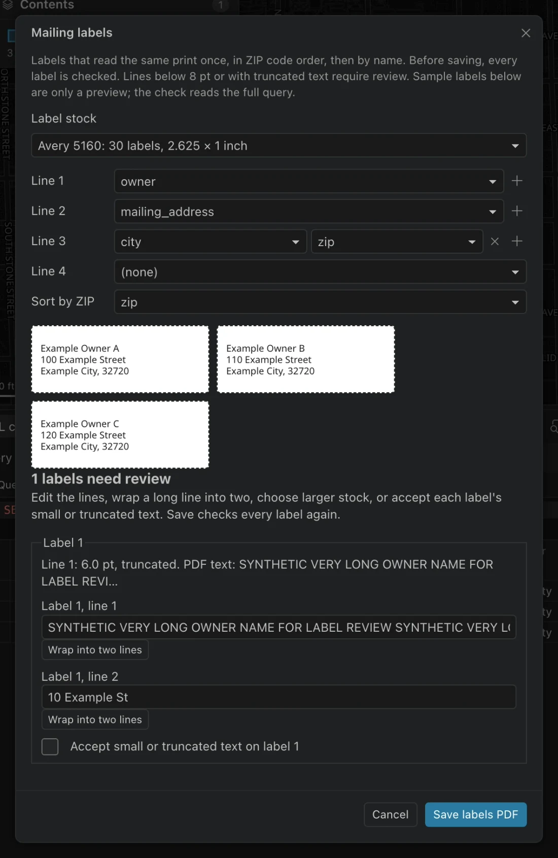 Label overflow review identifying a long address and its individual acceptance control.