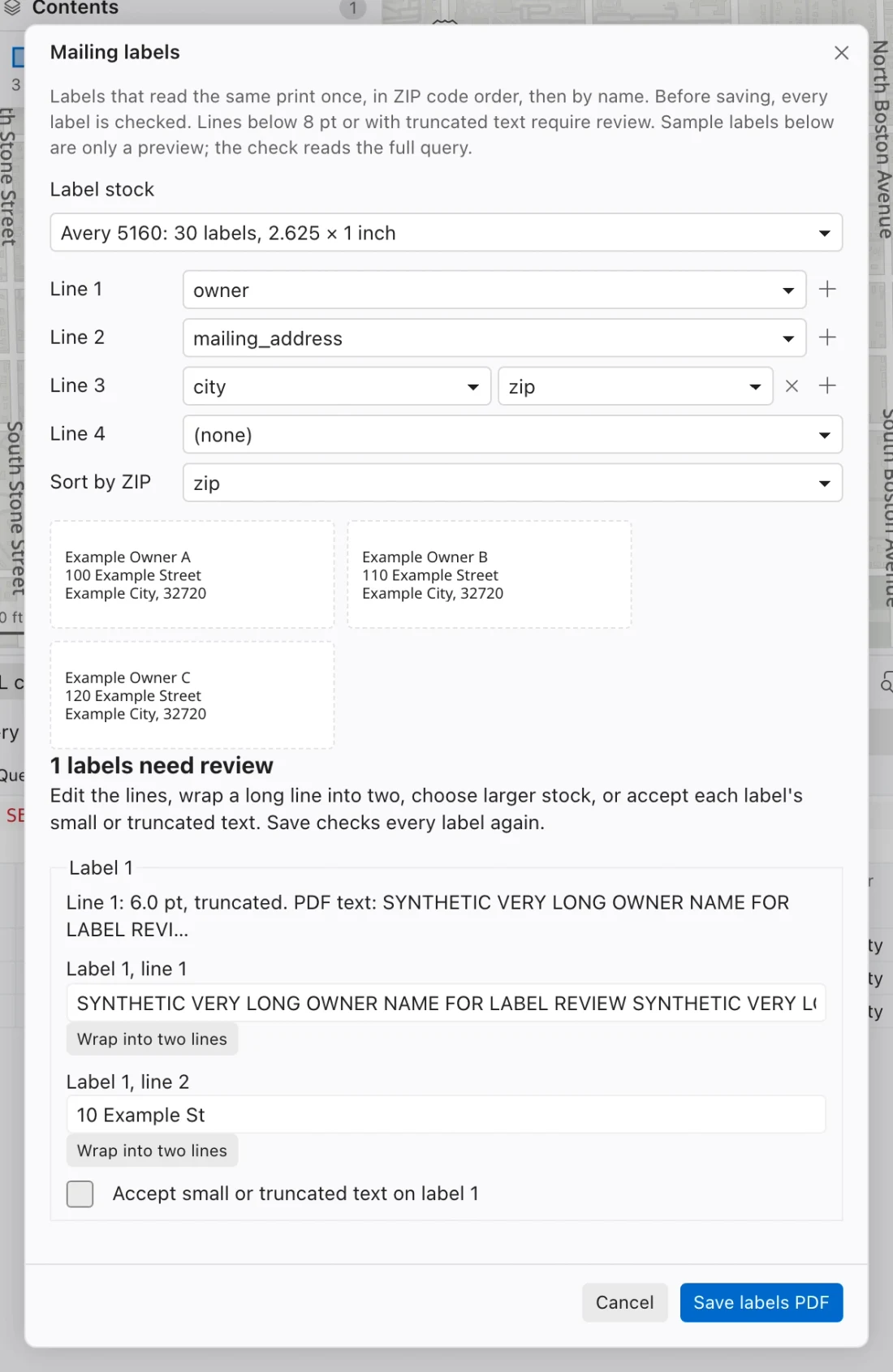 Label overflow review identifying a long address and its individual acceptance control.
