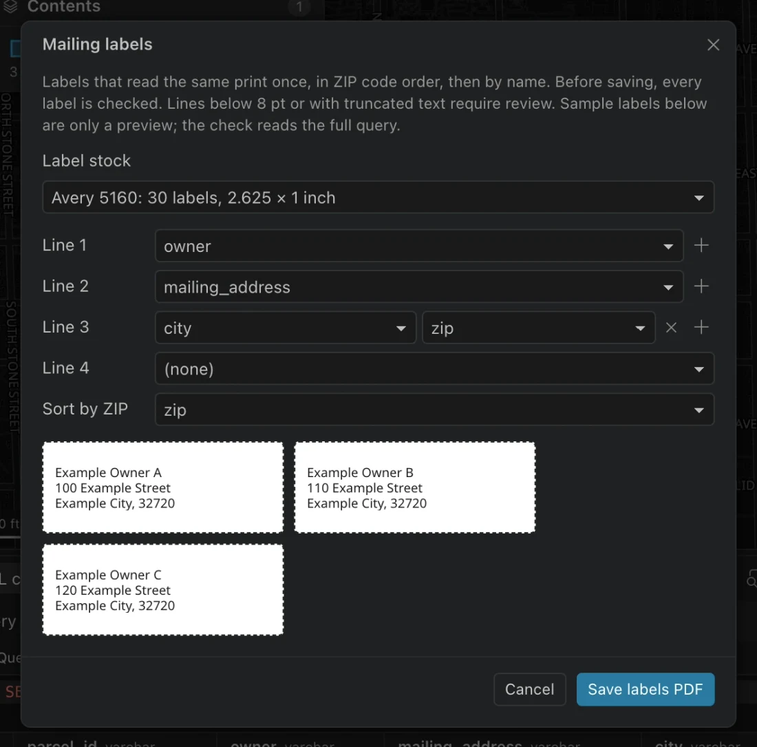 Mailing labels dialog with owner and mailing-address columns assigned and sample addresses displayed.