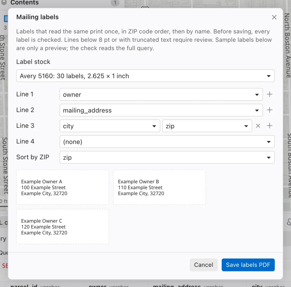 Mailing labels dialog with owner and mailing-address columns assigned and sample addresses displayed.