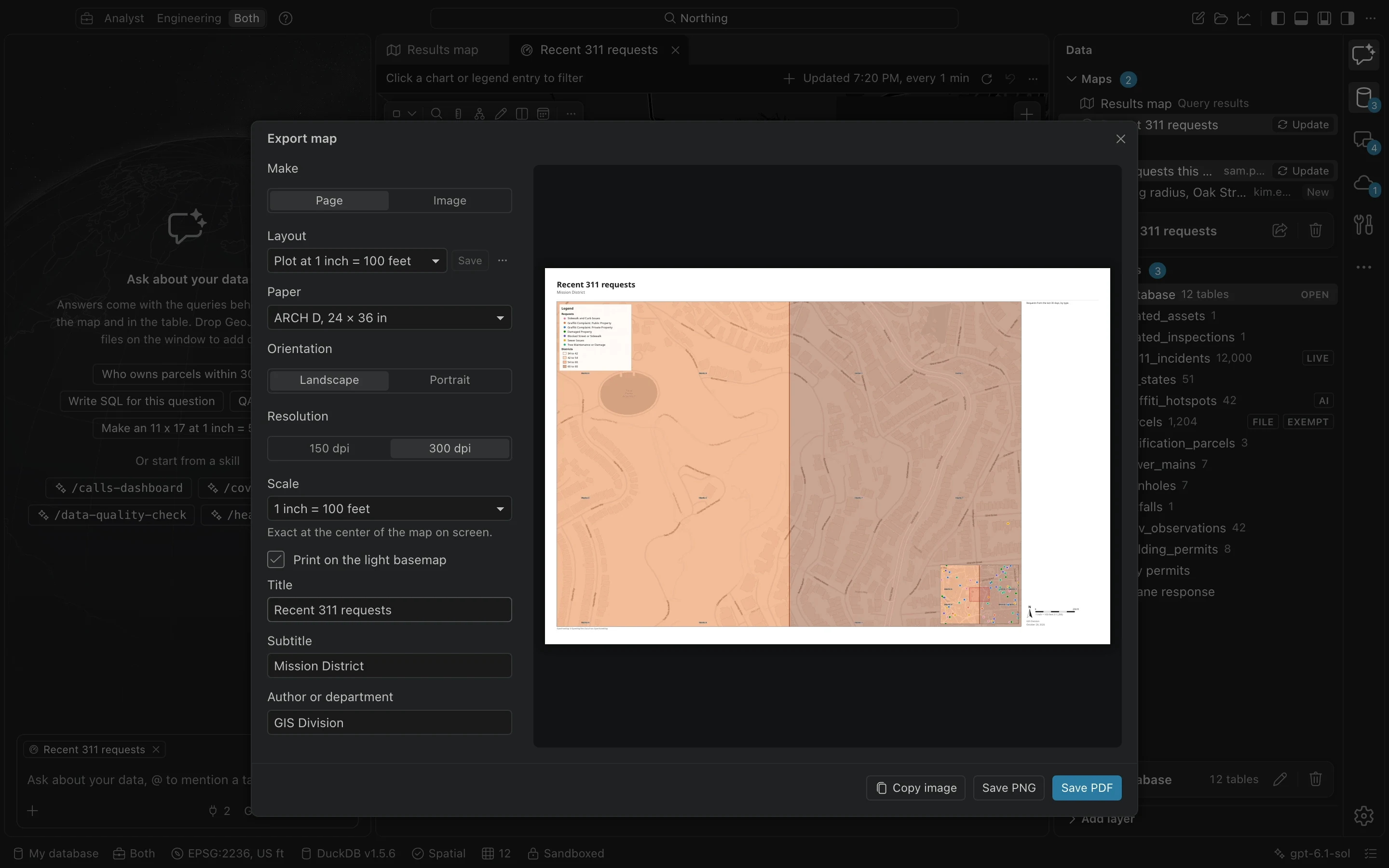 The Export map dialog with a 24 by 36 inch page at 1 inch equals 100 feet and a live print preview.