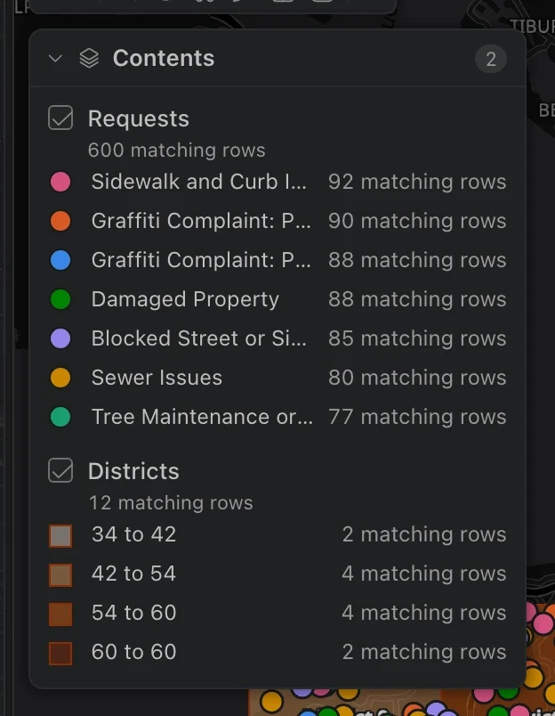 Contents of the saved 311 map showing Requests and Districts with their symbols, counts, and visibility controls.