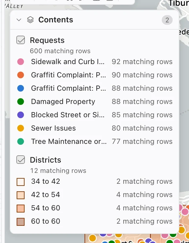 Contents of the saved 311 map showing Requests and Districts with their symbols, counts, and visibility controls.