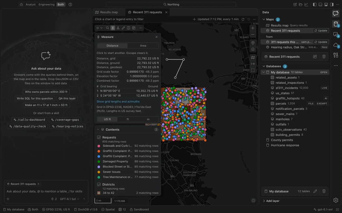 A measured line on the map with grid, ground, and geodesic distances, segment bearings, and unit controls.