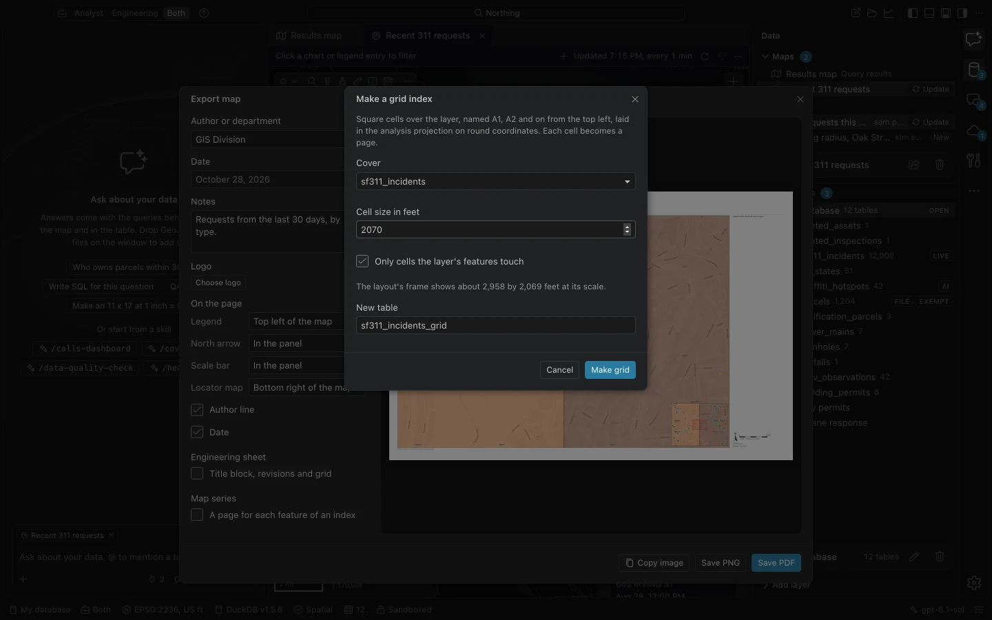 Map series controls showing an index, page name and ordering fields, beside a map page preview.