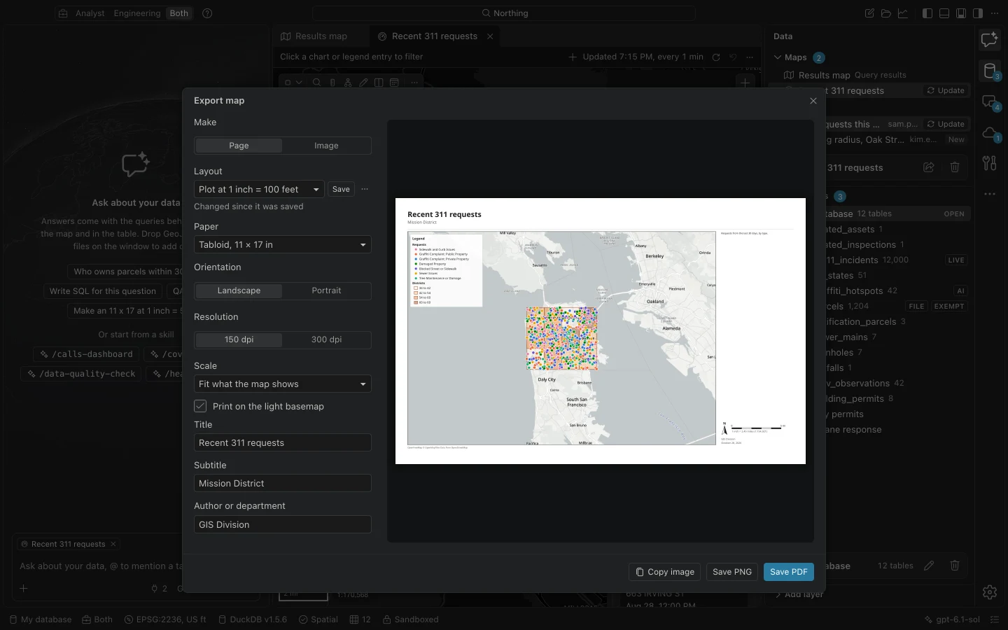 Export map dialog with a populated map, paper settings, and page preview.