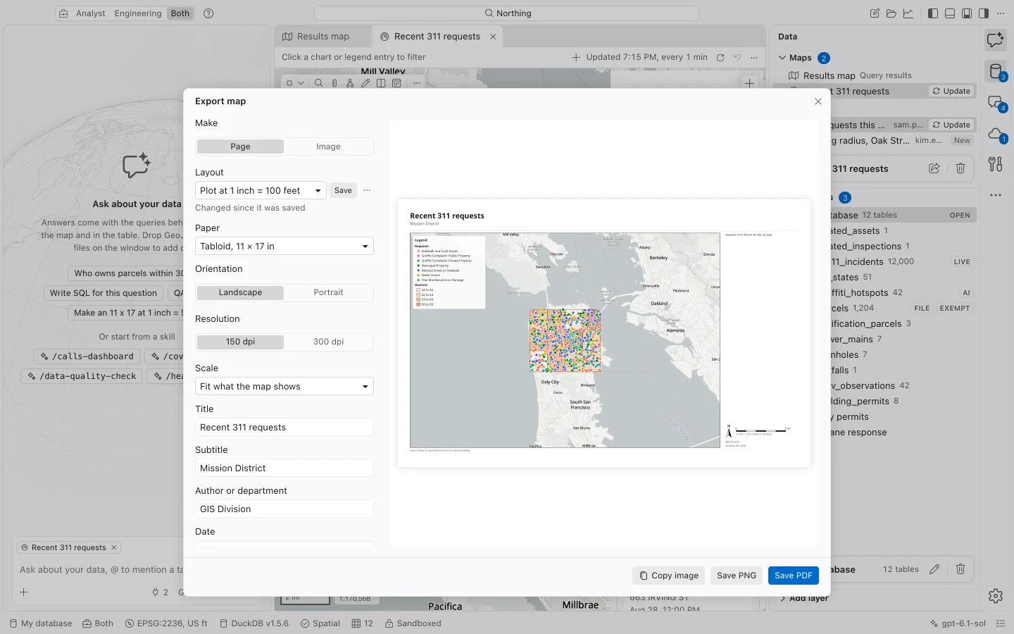 Export map dialog with a populated map, paper settings, and page preview.