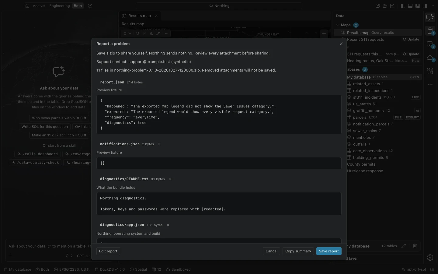 Report a problem dialog with a task description and a reviewable list of local report attachments.