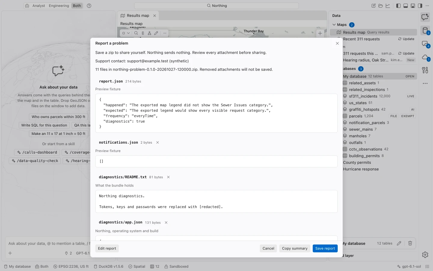 Report a problem dialog with a task description and a reviewable list of local report attachments.