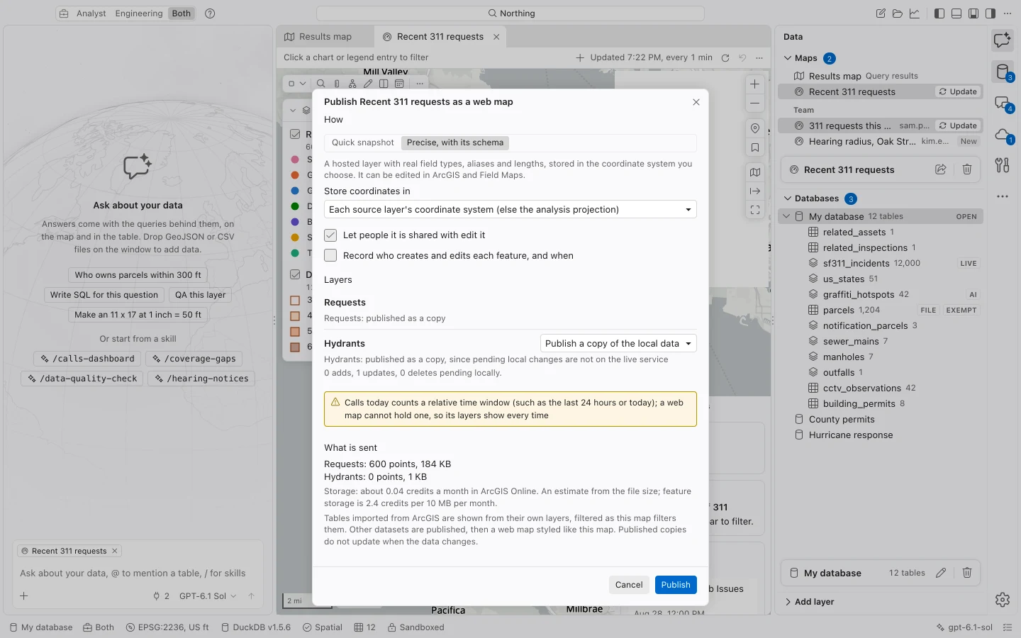 Saved-map publication review listing layers, local changes, and choices between live references and local copies.