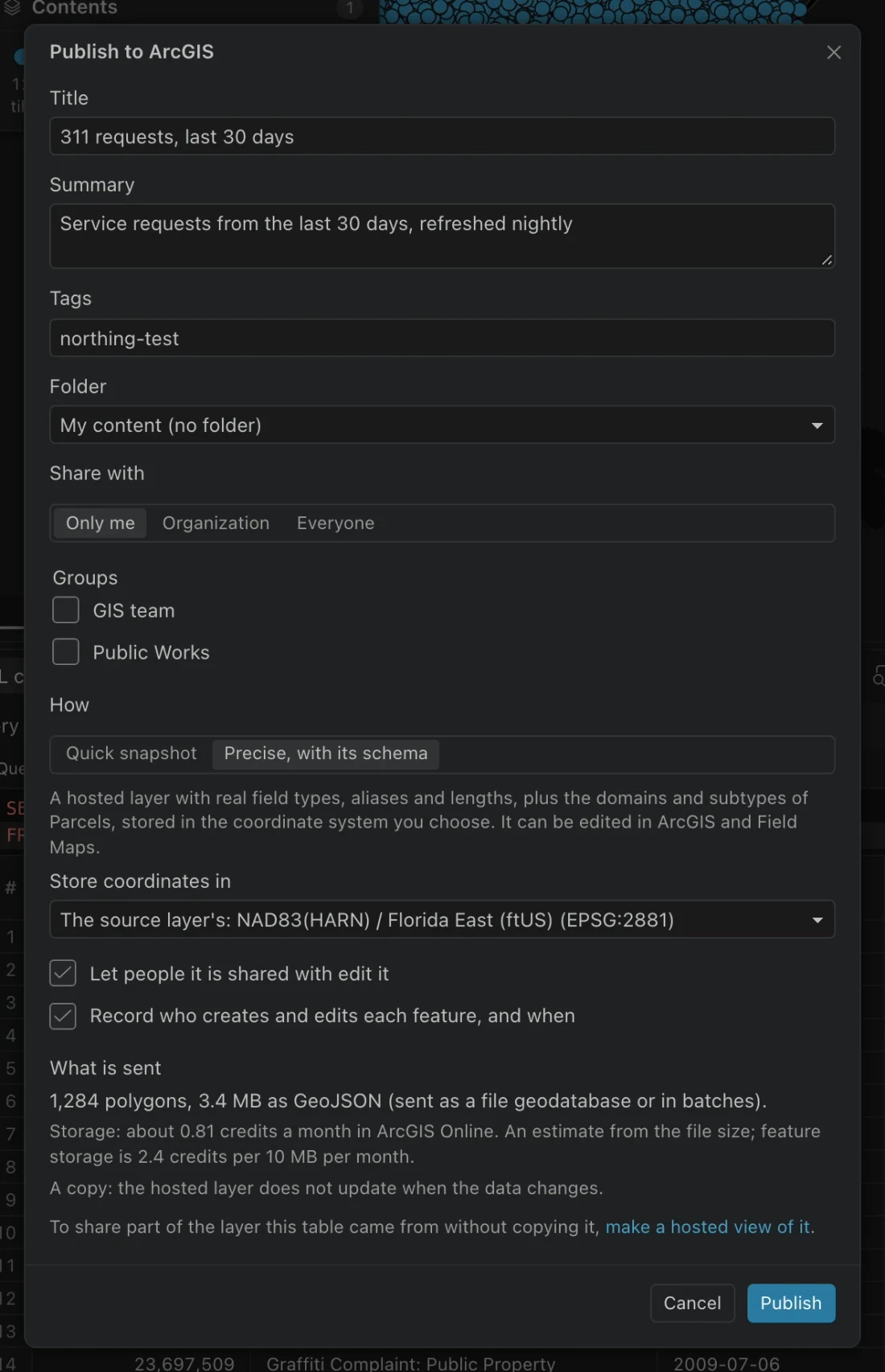 Publish to ArcGIS dialog showing table metadata, private sharing, and schema-preserving publication options.