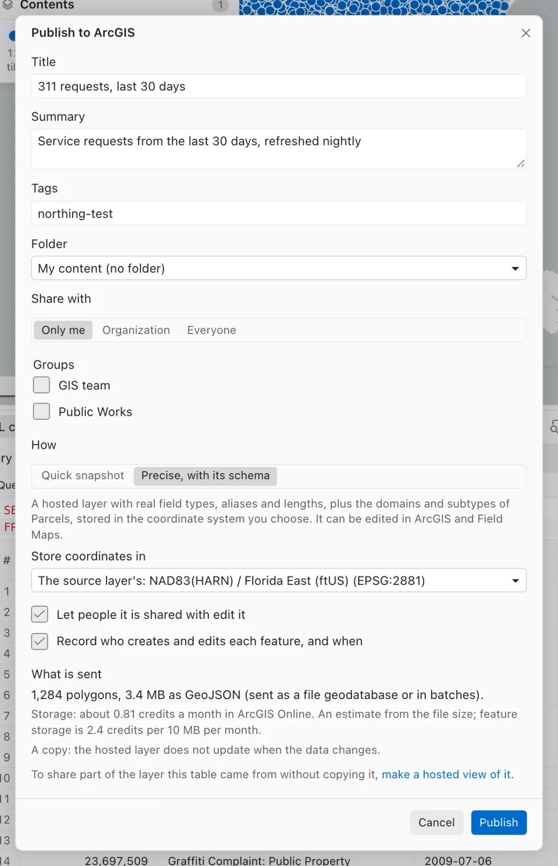 Publish to ArcGIS dialog showing table metadata, private sharing, and schema-preserving publication options.