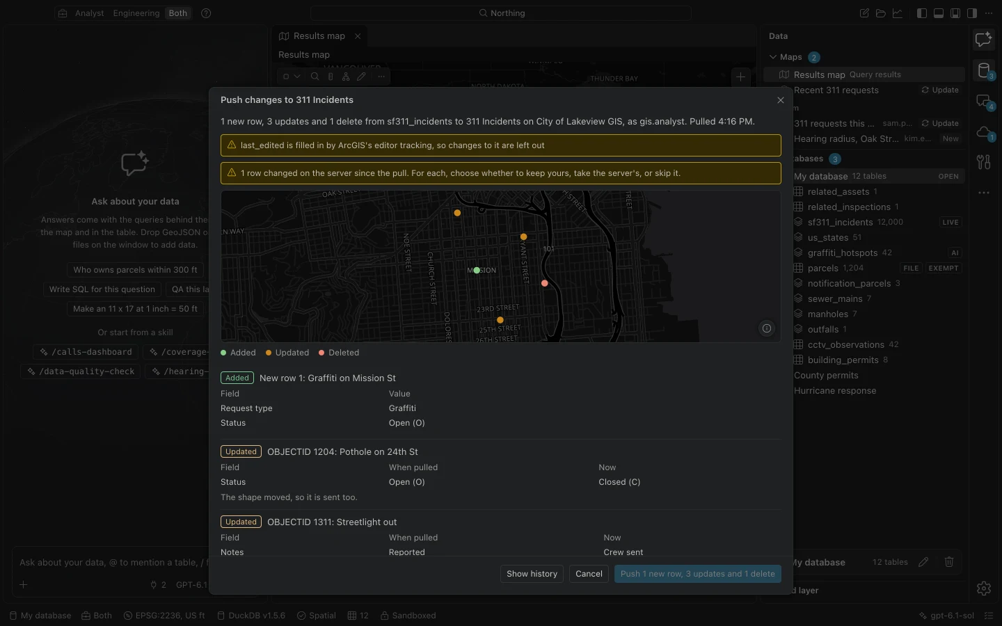 Push review with a changed-feature map, before-and-after attributes, a server conflict, and typed layer-name confirmation.