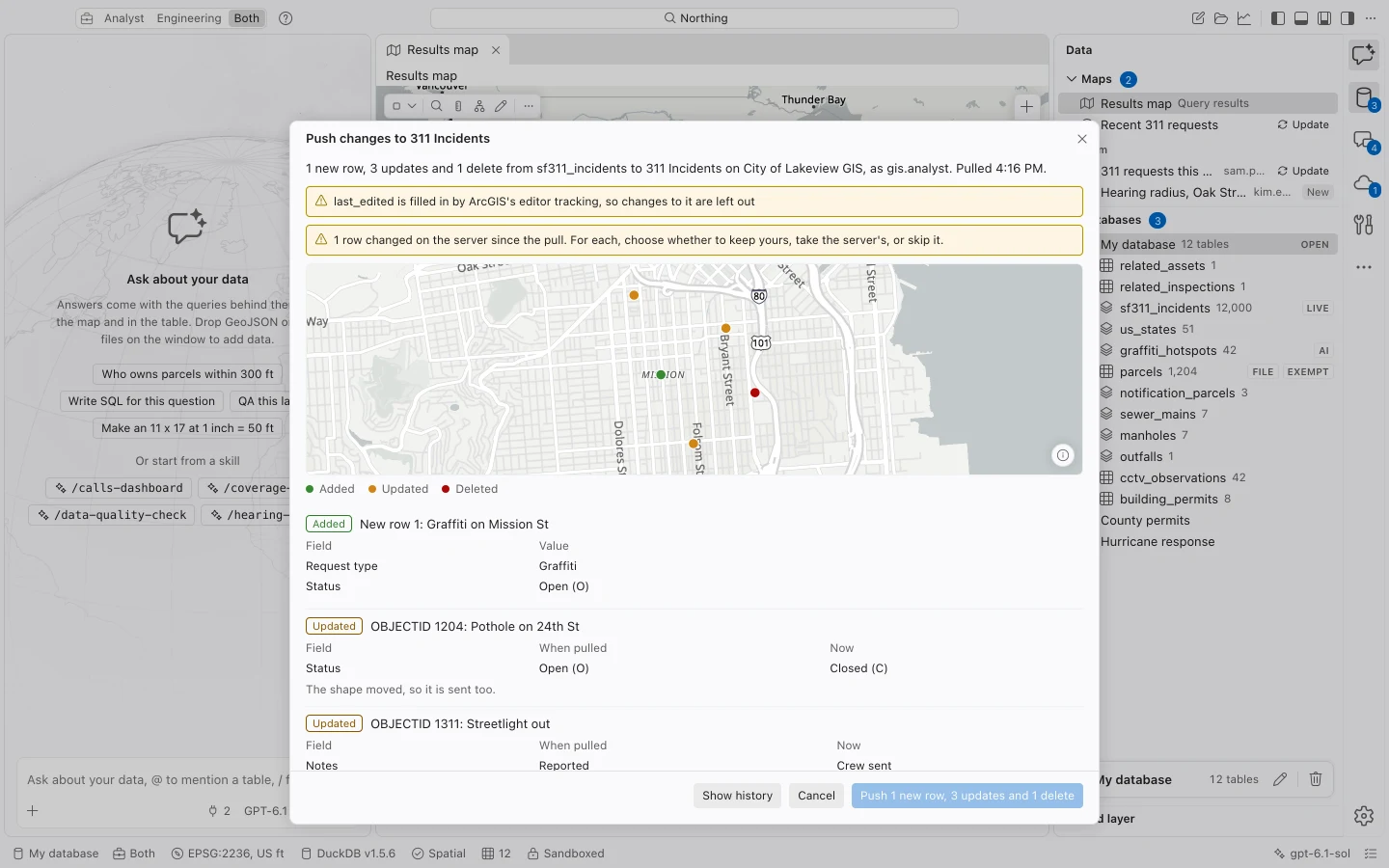 Push review with a changed-feature map, before-and-after attributes, a server conflict, and typed layer-name confirmation.