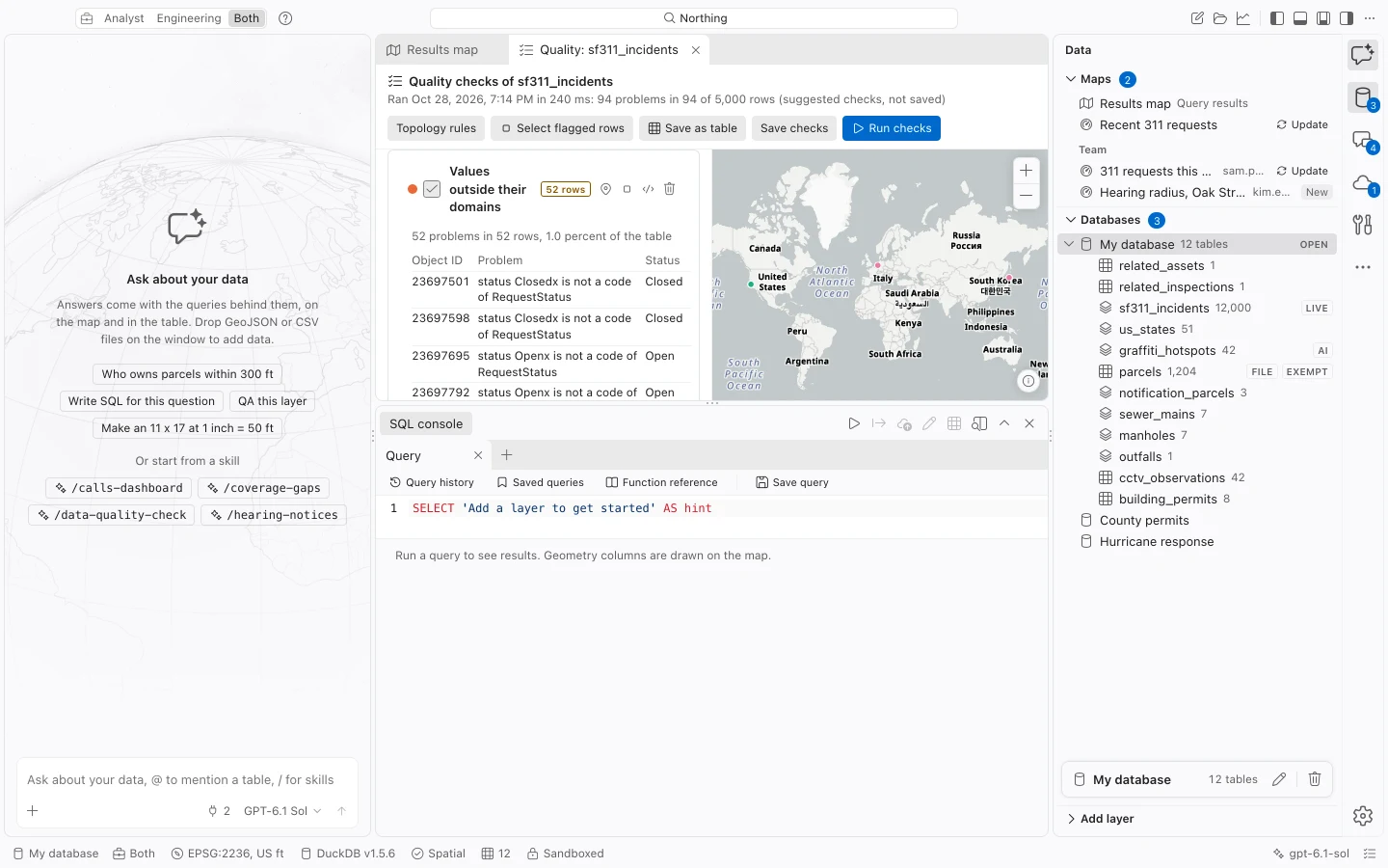 Quality checks for sf311_incidents with check counts, example problems, and a map of sample flagged features.