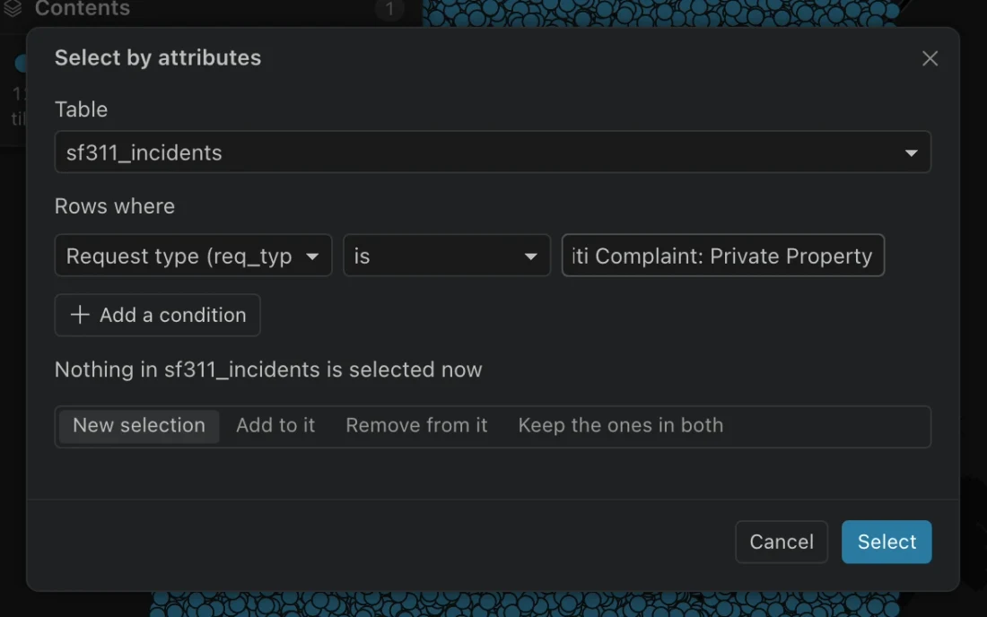 Select by attributes dialog for the sample 311 table with a request-type condition and selection-combination options.