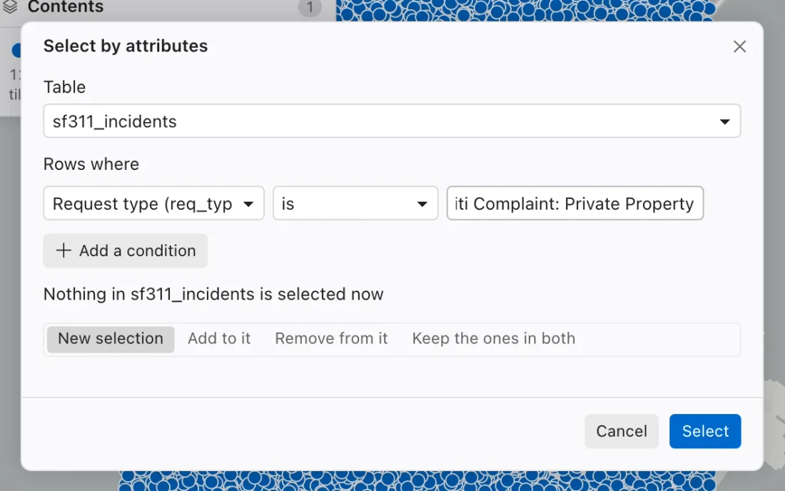 Select by attributes dialog for the sample 311 table with a request-type condition and selection-combination options.