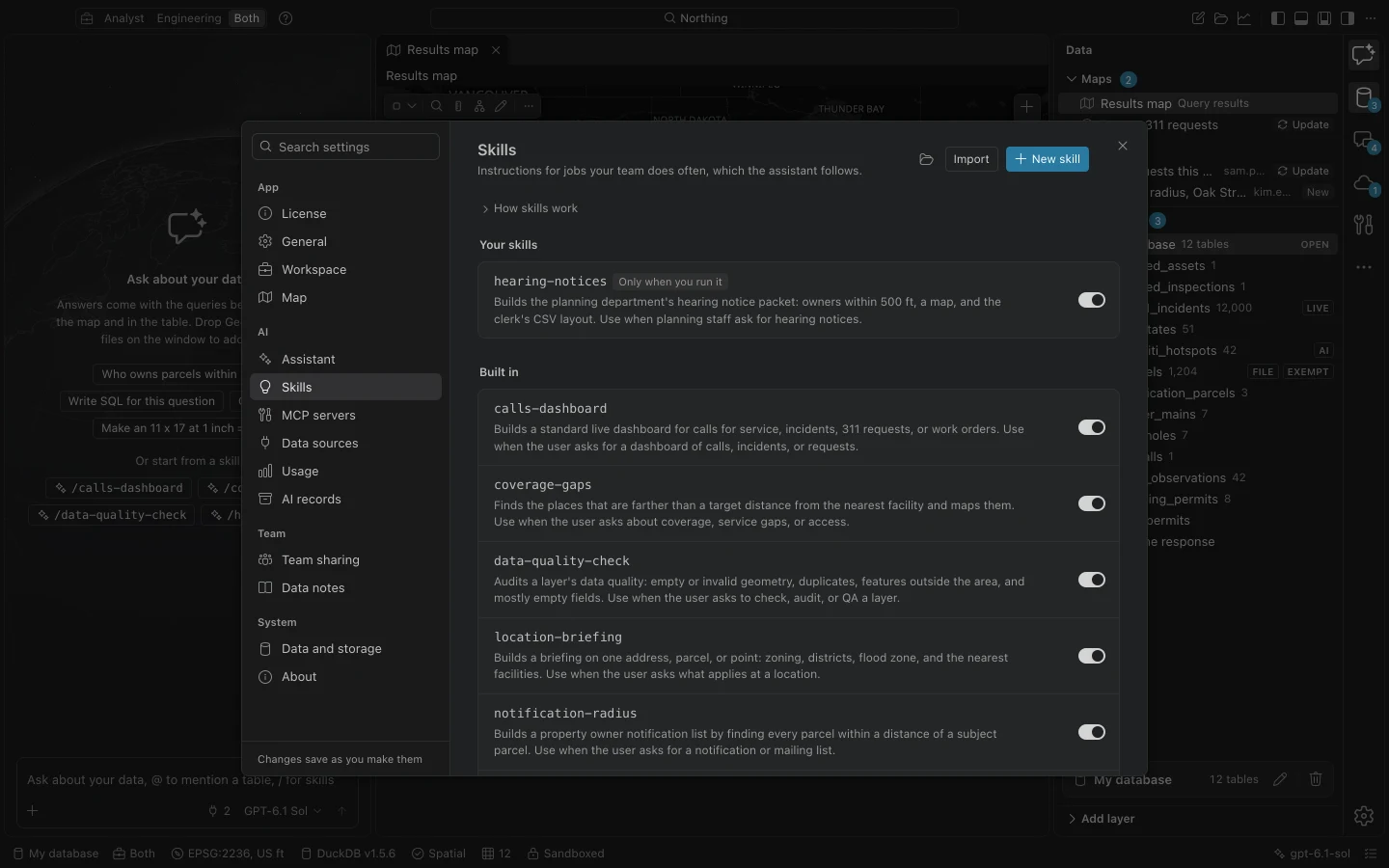Skills settings showing built-in analysis methods and a personal hearing-notices skill with enable and use controls.