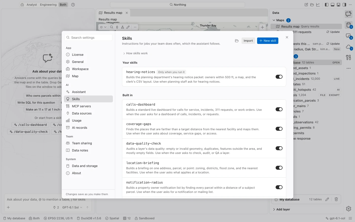 Skills settings showing built-in analysis methods and a personal hearing-notices skill with enable and use controls.
