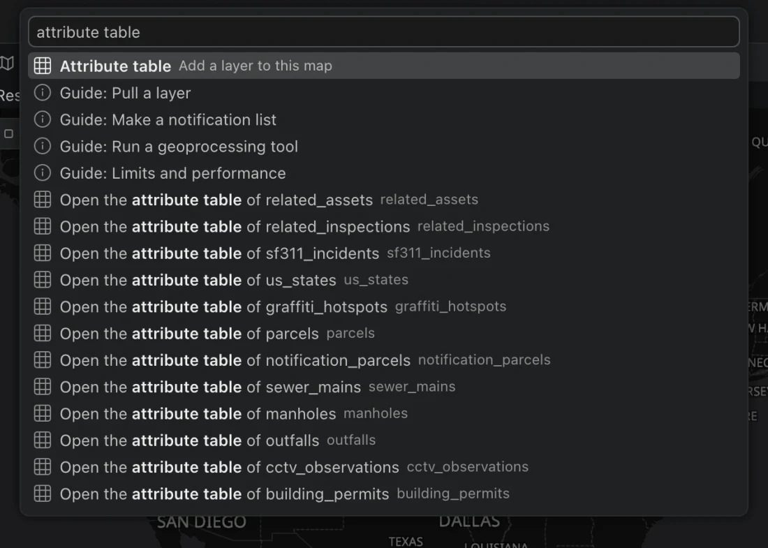 Command center search results for attribute table, including table-specific commands.