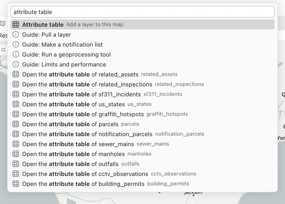 Command center search results for attribute table, including table-specific commands.