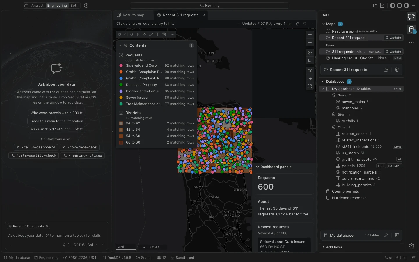 Engineering workspace with a large saved map and map tools prominent in the workbench.