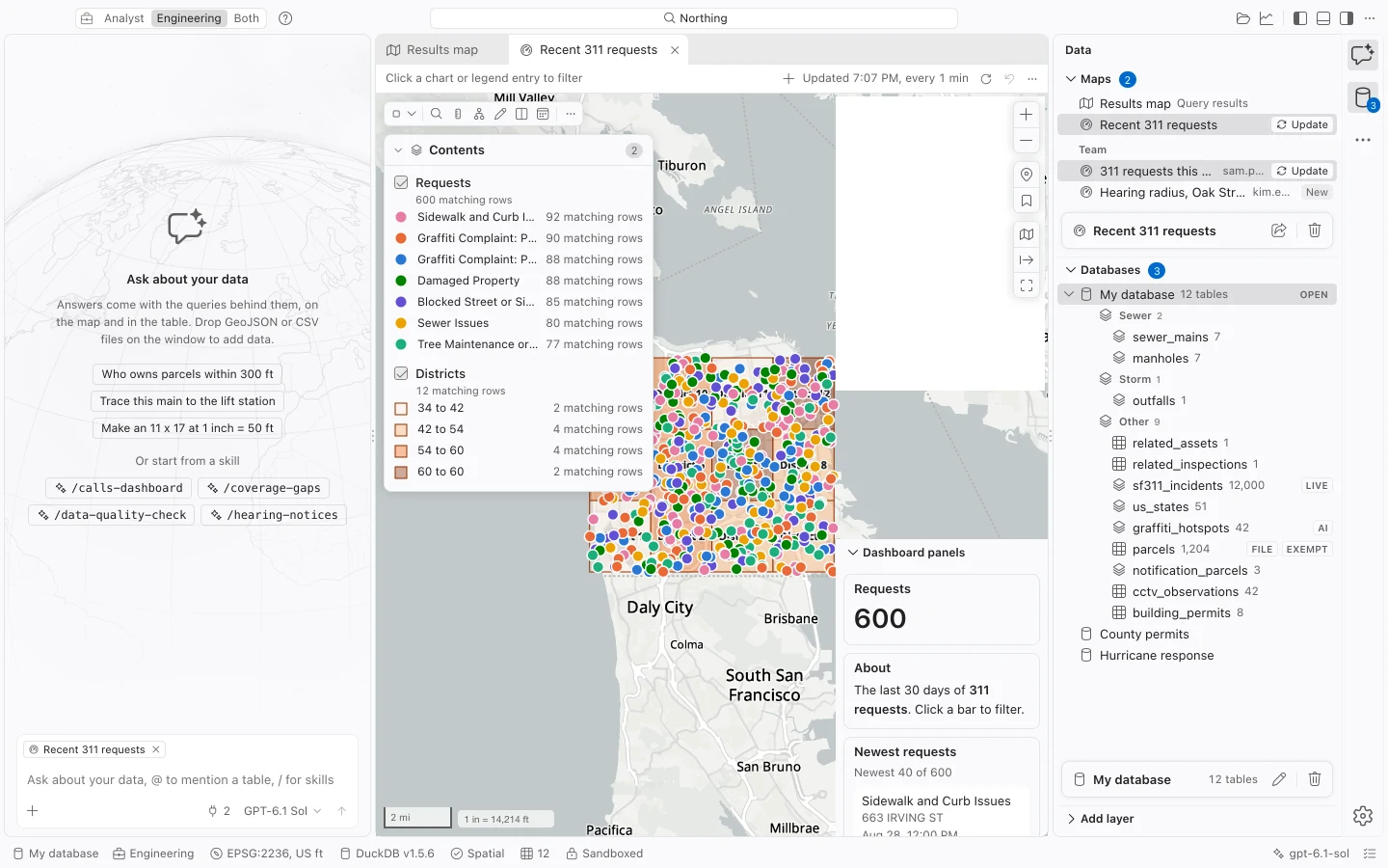 Engineering workspace with a large saved map and map tools prominent in the workbench.