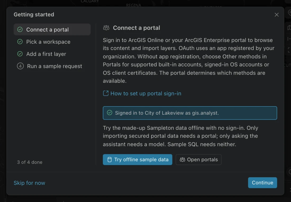 Getting started guide on Connect a portal, offering Try offline sample data and Open portals.