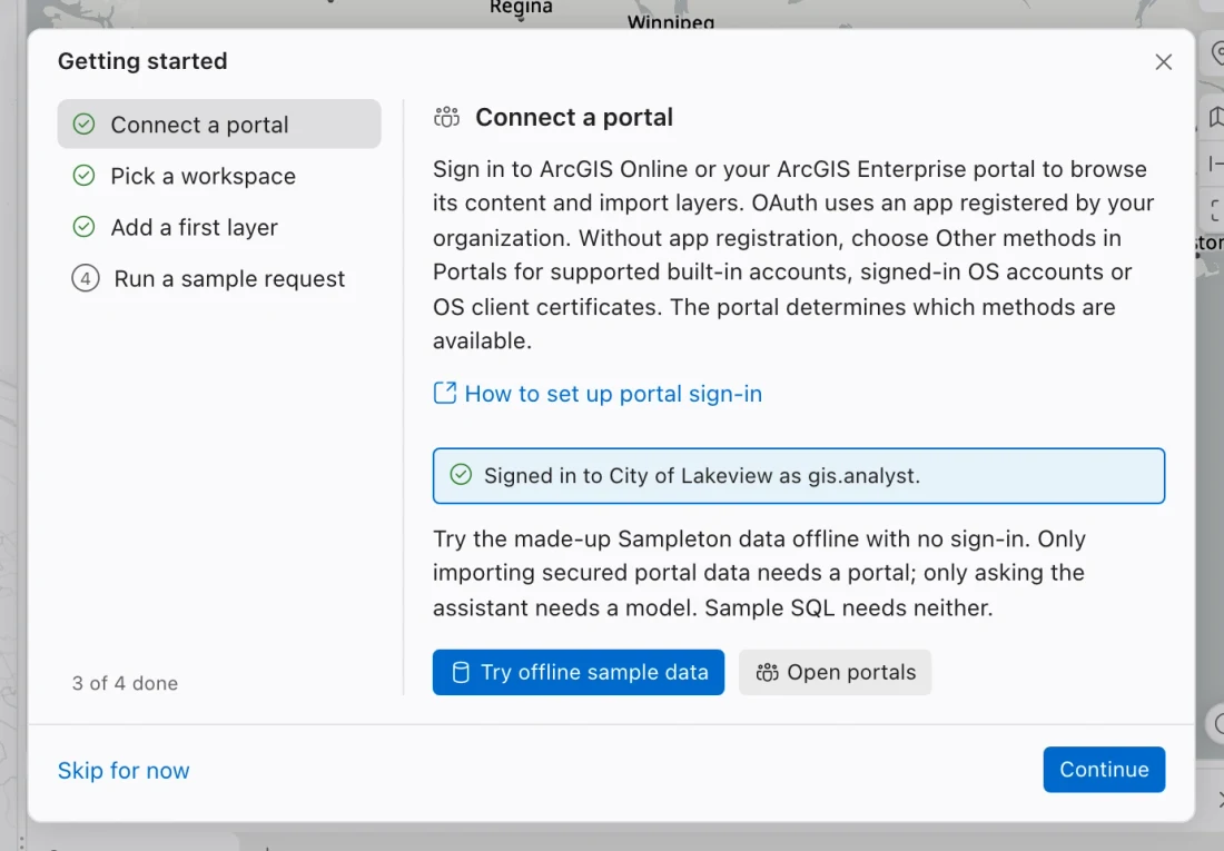 Getting started guide on Connect a portal, offering Try offline sample data and Open portals.