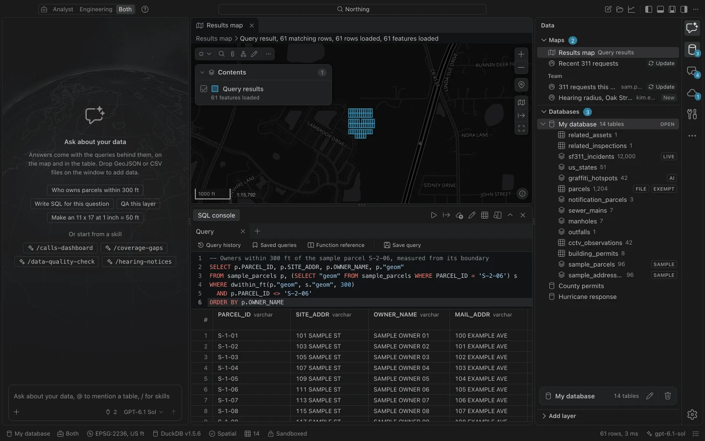 Sampleton parcel notification results in the SQL console and Results map.
