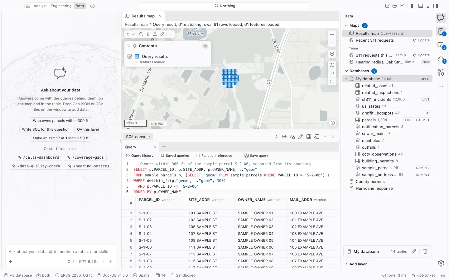 Sampleton parcel notification results in the SQL console and Results map.