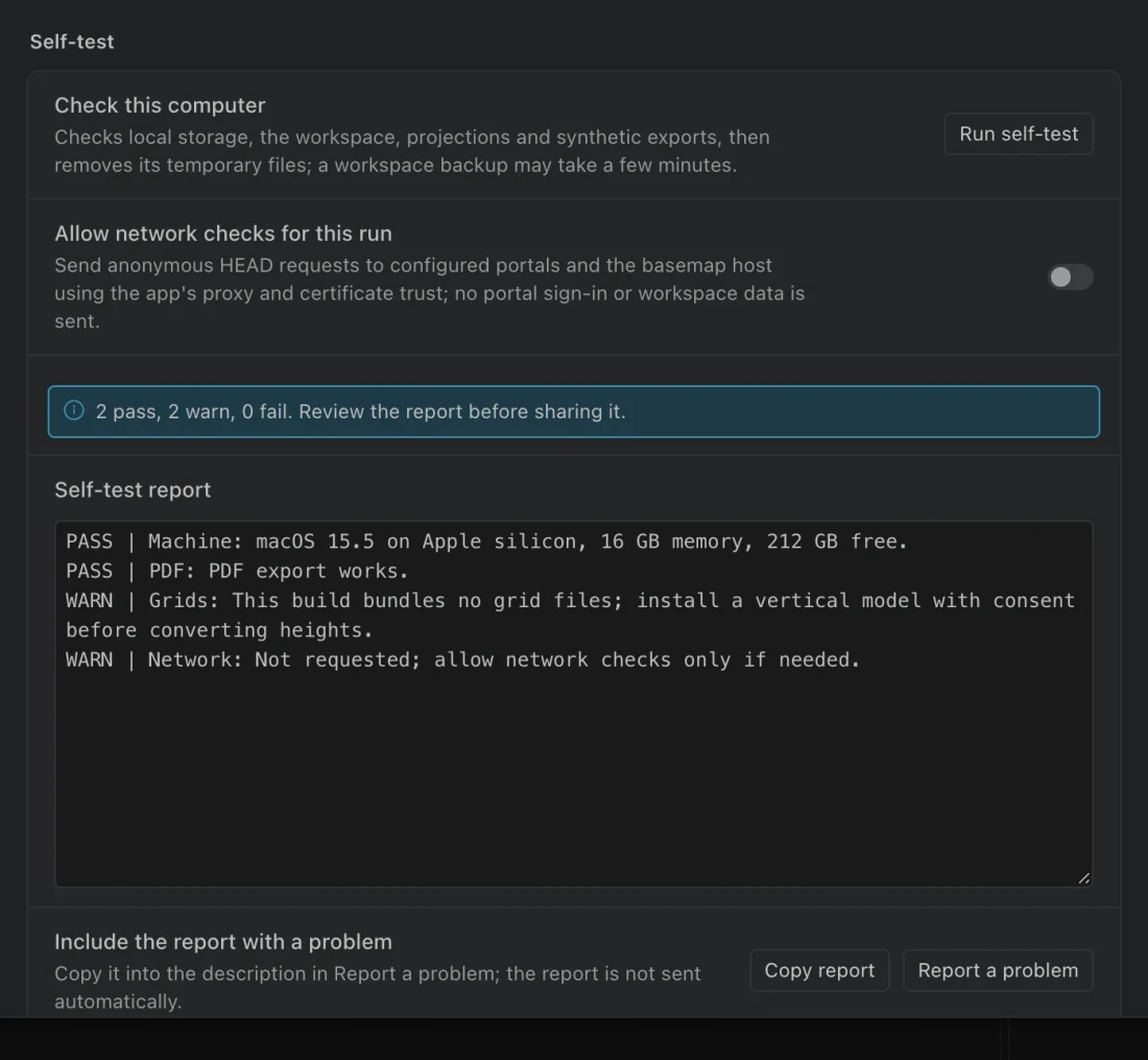 About settings with the optional network checks checkbox and local self-test results.