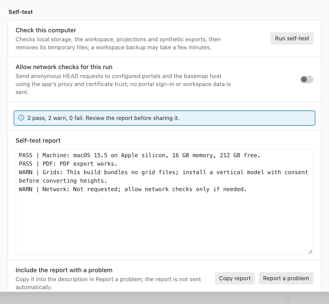 About settings with the optional network checks checkbox and local self-test results.