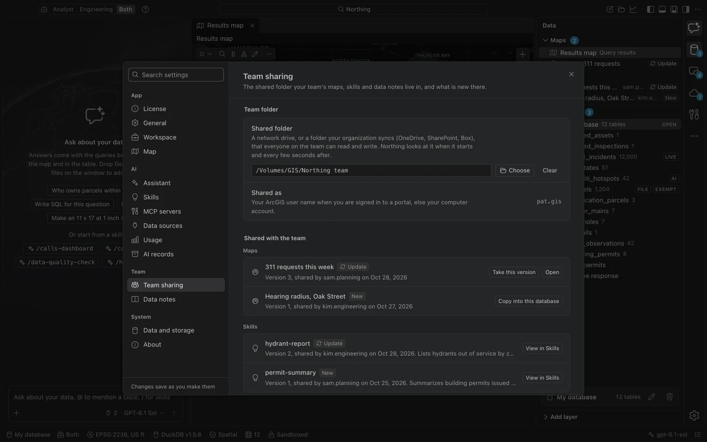 Team sharing settings showing the shared folder, author name, and available maps, skills, and data notes.
