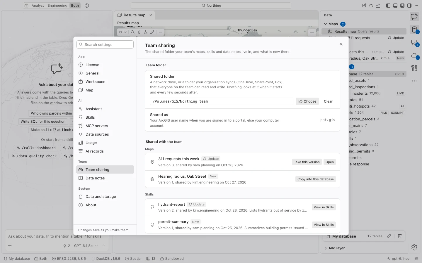 Team sharing settings showing the shared folder, author name, and available maps, skills, and data notes.