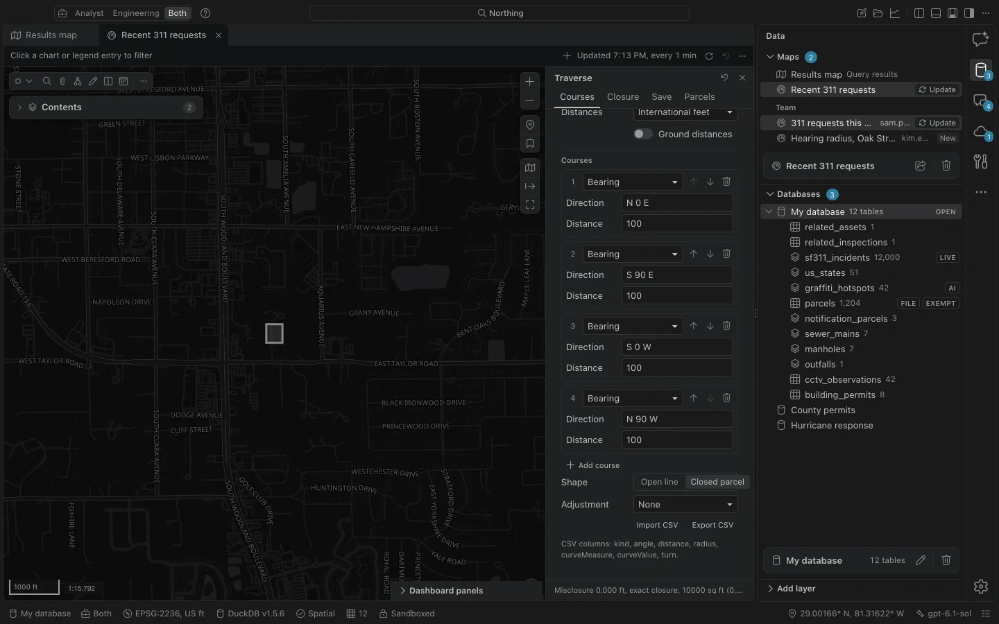 Traverse pane with a start coordinate, units, editable record courses, and a sample parcel preview on the map.