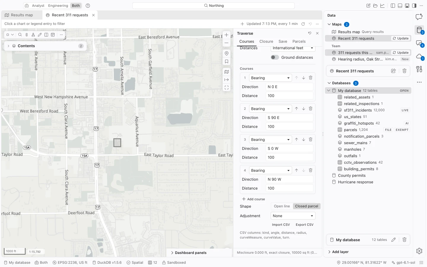 Traverse pane with a start coordinate, units, editable record courses, and a sample parcel preview on the map.