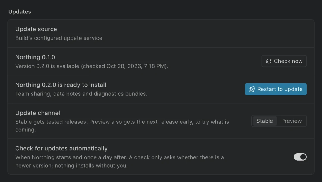 About settings showing the update source, channel, current version, and an available update.
