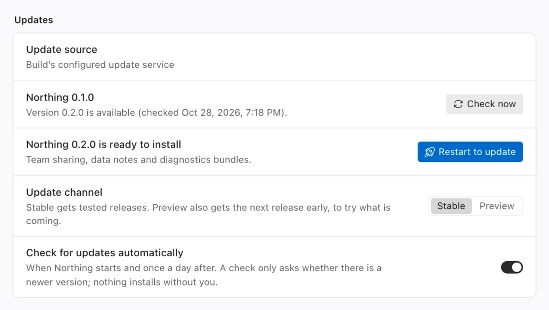 About settings showing the update source, channel, current version, and an available update.